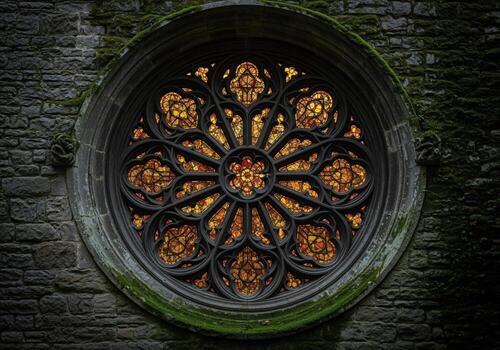Intricate gothic rose window with vibrant stained glass set in a moss covered stone wall photo