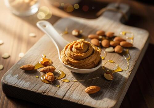 Homemade almond butter swirl on a white spoon with raw almonds and golden honey on rustic wood photo