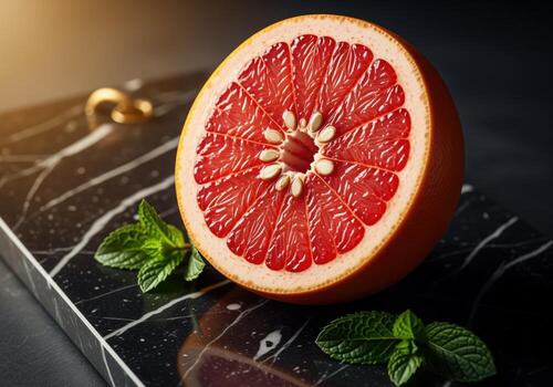 Vibrant halved ruby red grapefruit with juicy pulp and seeds on black marble with mint photo
