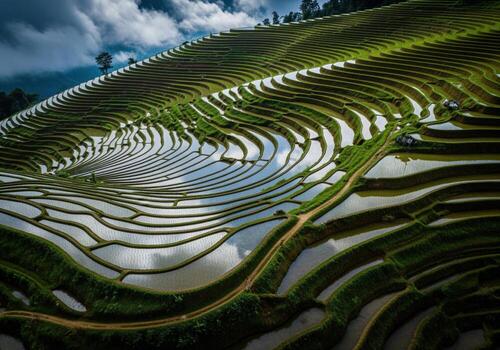 Vast terraced rice paddies with water reflections creating intricate patterns on a steep hillside photo