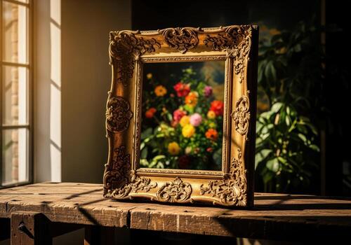 Striking antique gilded gold frame with rococo flourishes on rustic workbench, flowers photo