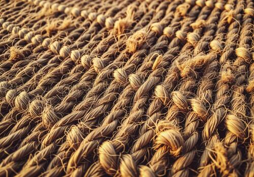 Close up of a textured surface made of tightly woven natural hemp fibers in earthy beige photo