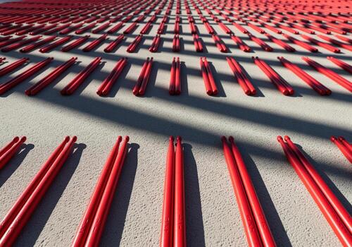 Abstract pattern of numerous bright red drumsticks arranged in parallel rows photo