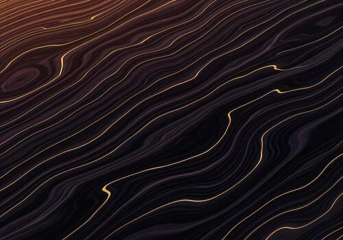 Elegant dark wood grain pattern with glowing golden contours and flowing abstract lines photo