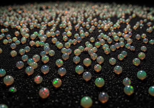 Hundreds of tiny iridescent opal spheres scattered on a dark textured surface, showcasing their vibrant play of color photo
