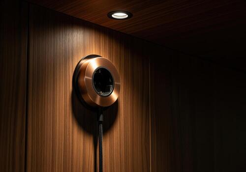 elegante circular inteligente enchufe enchufe en cepillado cobre integrado dentro oscuro nuez madera panel. foto