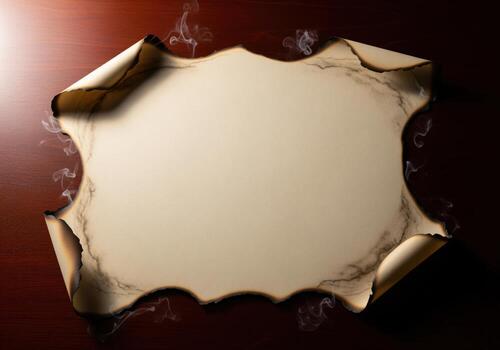 Aged parchment paper with burnt and singed edges, emitting smoke on a dark surface photo