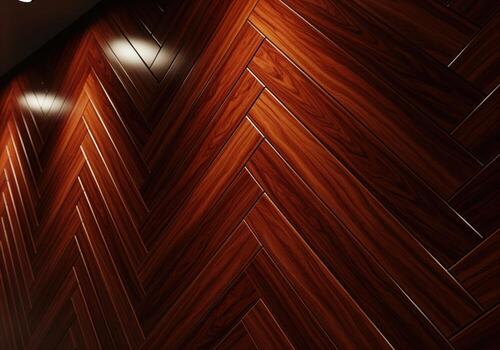 Polished dark mahogany wall with a classic herringbone pattern and subtle lighting photo