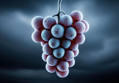 Macro shot of frosted pink grapes, a perfect cluster suspended against a dramatic dark background. photo