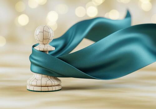 Stylized white pawn with cracked texture wrapped in a flowing teal ribbon on a bokeh background photo