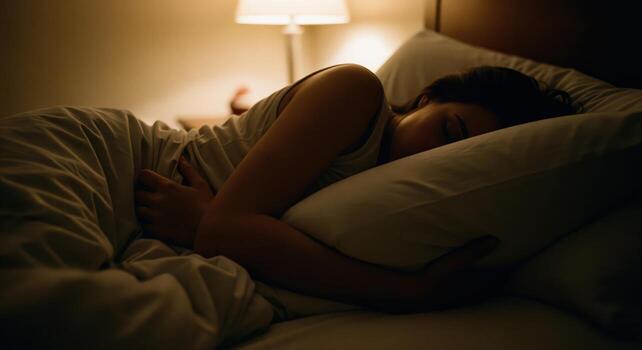 Peaceful woman sleeping deeply in her bed at night, with a soft glow from a lamp. photo