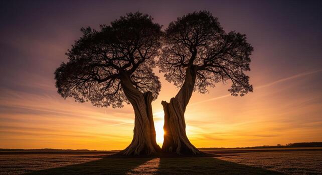 Dramatic golden hour sunset behind two ancient gnarled trees with intertwining trunks photo