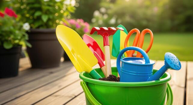 Vibrant green gardening bucket overflowing with colorful new tools on a sunny deck photo