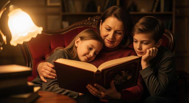 Grandmother reading a captivating storybook to her two grandchildren in a warm, cozy setting photo