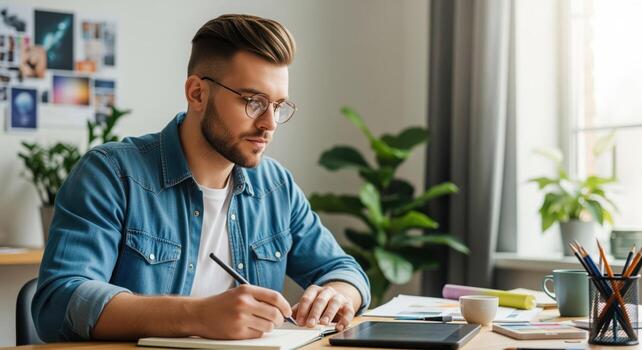 Focused young man sketching creative ideas in notebook at modern home office desk photo