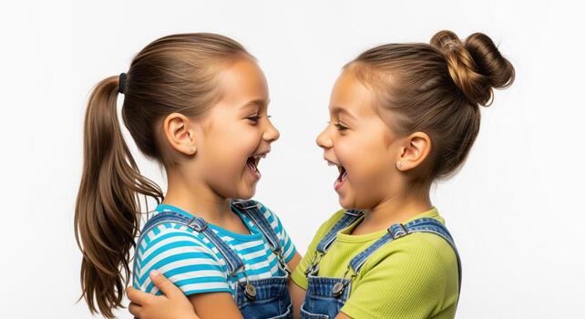 Two happy young sisters embracing and laughing joyfully, looking at each other with wide smiles photo