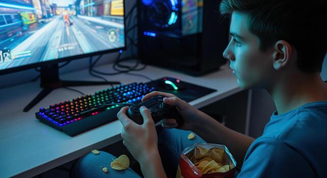 Teenage boy playing an intense game on a computer with a controller and chips photo