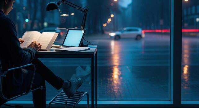 estudiante intensamente enfocado en un abierto libro de texto y digital tableta por un ventana en un lluvioso noche foto
