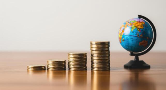 Ascending stacks of gold coins next to a miniature world globe, symbolizing global financial growth and investment photo
