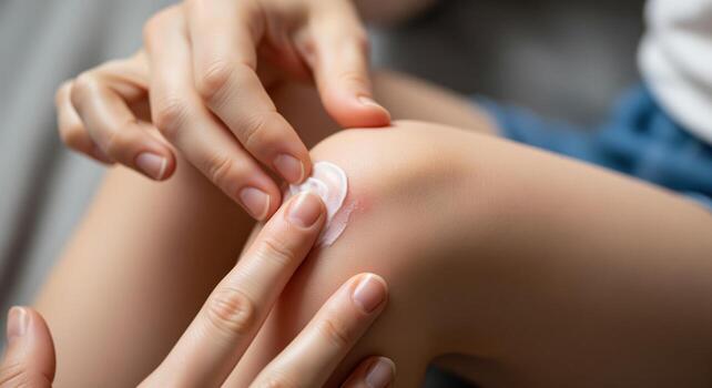 Close up of hands applying white cream to a red, scraped knee, symbolizing healing and first aid photo