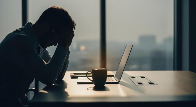 Silhouette of a stressed businessman with head in hands at office desk by window photo