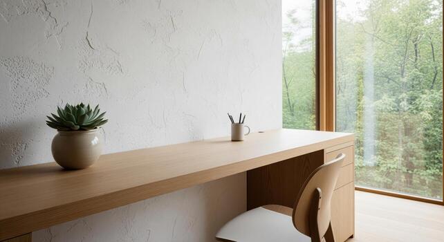 Serene minimalist home office with light oak desk, succulent, and large window overlooking green trees photo