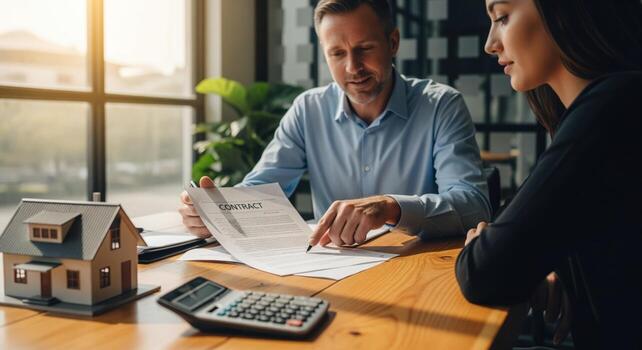 Real estate agent showing contract to woman client, discussing property purchase with house model photo