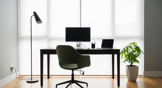 Minimalist modern home office with desk, computer, chair, plant, and floor lamp photo