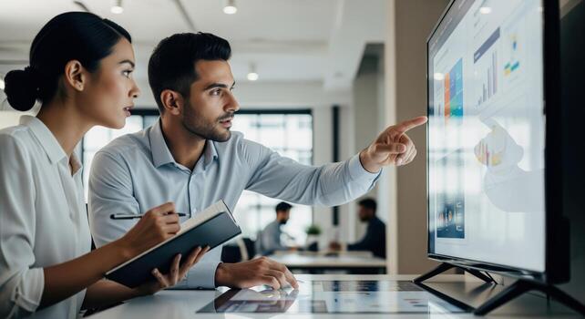 Diverse business professionals collaborating on digital data analysis in a modern office photo