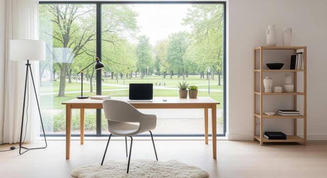Serene scandinavian home office with park view and minimalist design photo