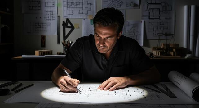 masculino arquitecto intensamente enfocado en un Plano untado a través de un grande redacción mesa en su tenuemente iluminado estudio foto