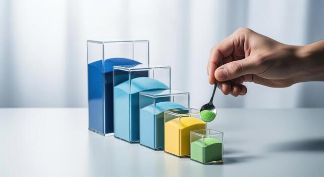 Hand adding green sand to a small container in a descending bar graph, symbolizing expense management and financial growth. photo