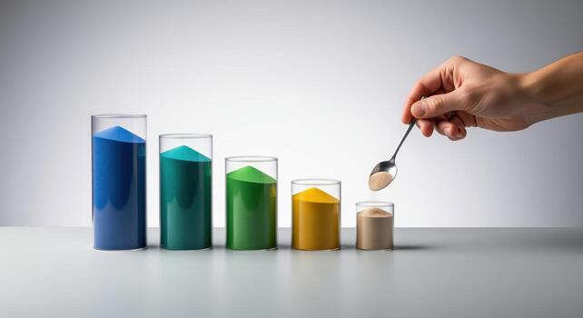 Hand adding sand to cylinders representing expense management and resource allocation photo