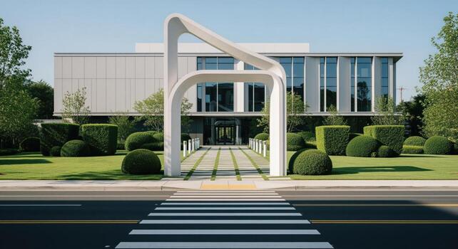 Modern building entrance with abstract white archway and green landscaping photo