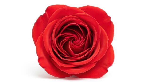 Vibrant red rose bloom fully open, top down view, isolated on white background photo