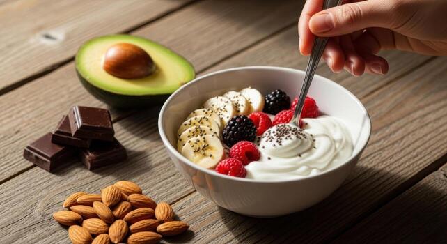 Nutritious breakfast bowl with yogurt, fresh berries, banana, chia seeds, avocado, and almonds. photo