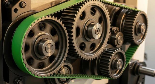 Close up of a complex industrial machine with interlocking gears and a green timing belt photo
