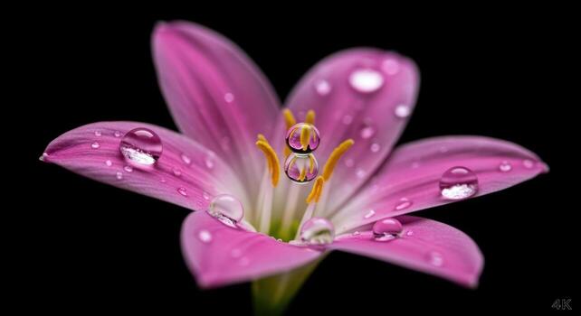 Hyper realistic macro photo of a vibrant pink flower with detailed water droplets