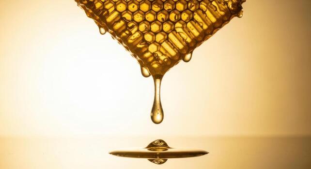 Golden honey dripping from a natural honeycomb, forming a perfect drop on a reflective surface photo