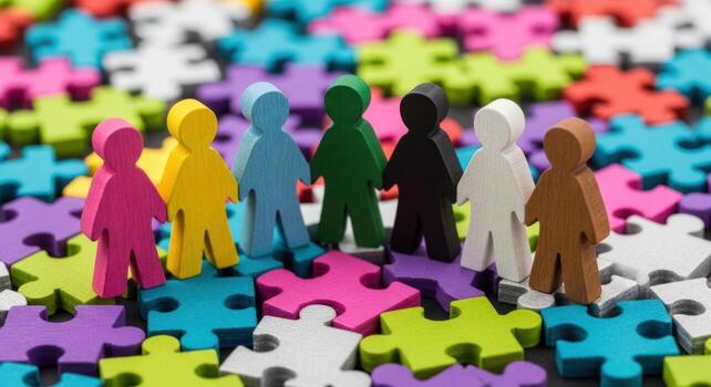 Diverse colorful wooden human figurines on puzzle pieces symbolizing unity and teamwork photo