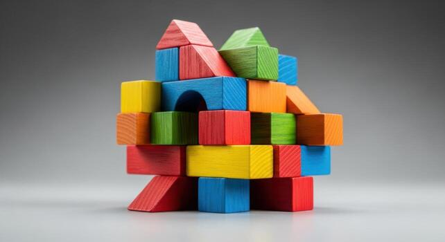 Vibrant wooden building blocks in various shapes stacked, forming an abstract structure. photo