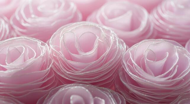 Delicate pink fabric roses with shimmering edges creating a soft floral pattern photo