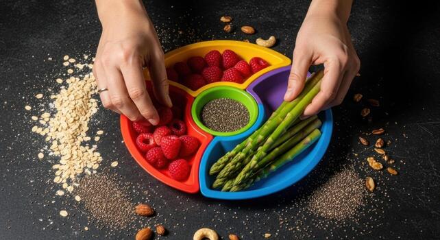 Top view of hands arranging fresh raspberries, asparagus, and chia seeds on a colorful plate photo