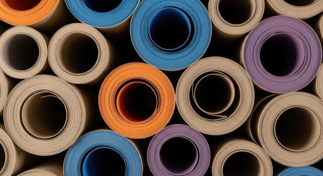 Top view of tightly packed colorful rolls of thick textured paper creating a vibrant pattern photo