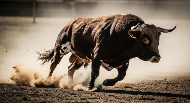 Powerful dark brown bull with white markings running fast and kicking up dust in an arena photo