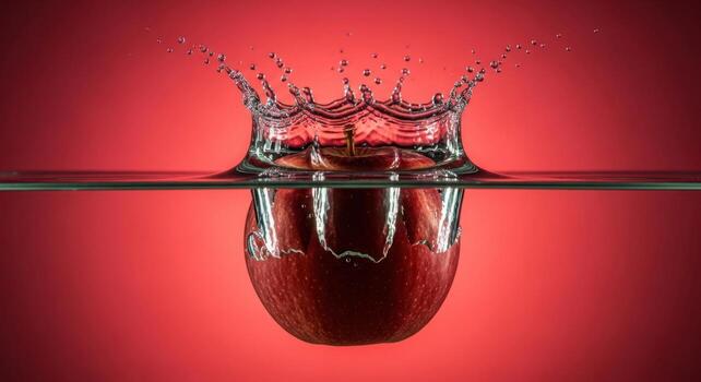 Vibrant red apple splashing into clear water creating a dynamic crown splash on red background photo