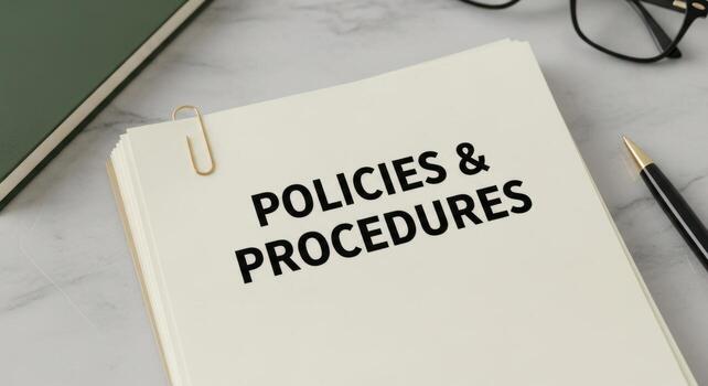 Policies and procedures document on cream papers with a pen and glasses on marble photo