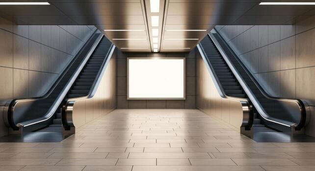 Symmetrical modern underground passage with escalators and blank billboard for advertisement photo