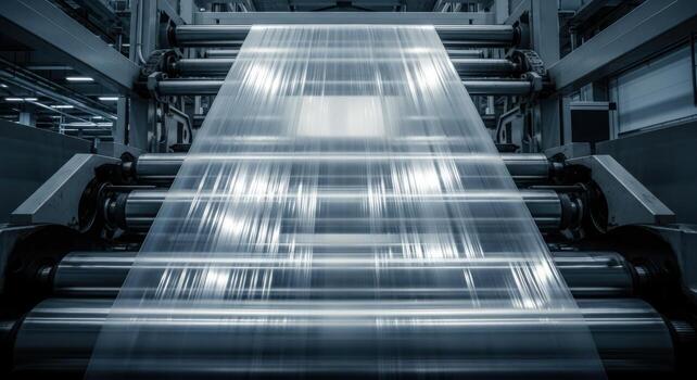 Automated production of transparent plastic film on an industrial machine in a factory photo