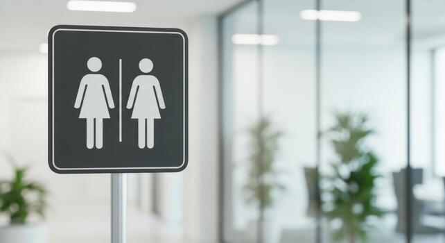 Dark gray rectangular restroom sign with white female symbols in a modern office environment photo